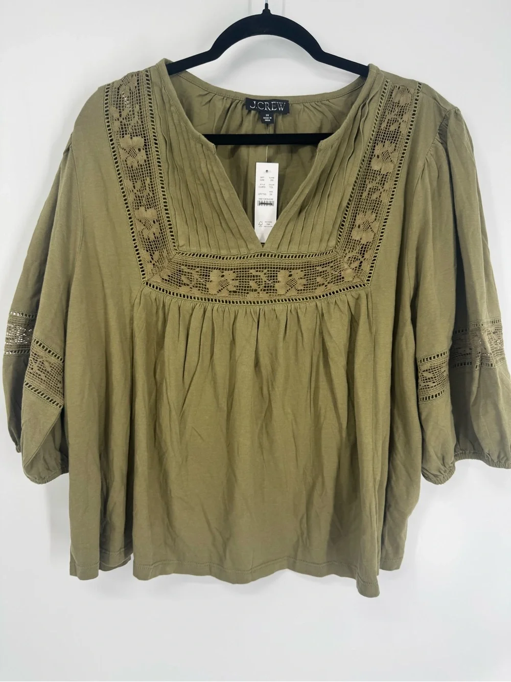 NWT J. Crew Lace-trim Puff Sleeve Shirt Broken-in Jersey Green Flowy Peasant 2X